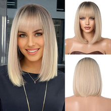 Ombre Blonde Bob Perücke mit Pony für Frauen - Kurz Gerade