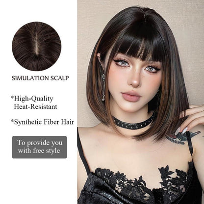 Dunkelbraun Highlight Bob Perücke mit Pony Synthetisches