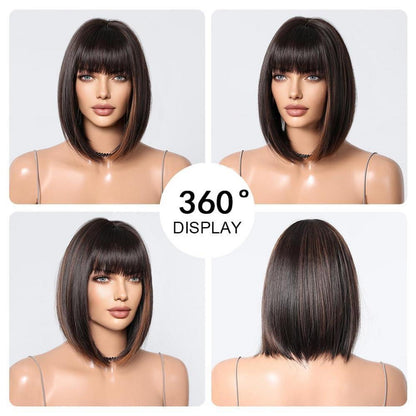 Dunkelbraun Highlight Bob Perücke mit Pony Synthetisches
