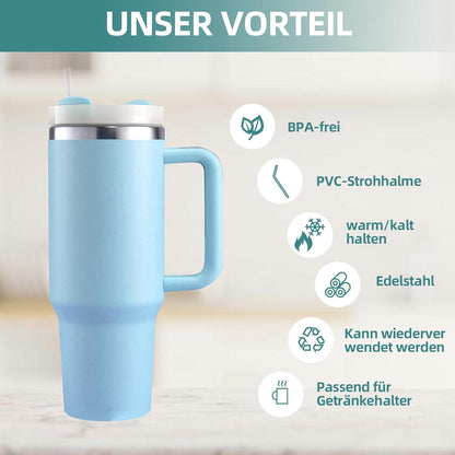 Thermobecher 40oz mit Strohhalm, Henkel, Vakuumisolierung - Blau