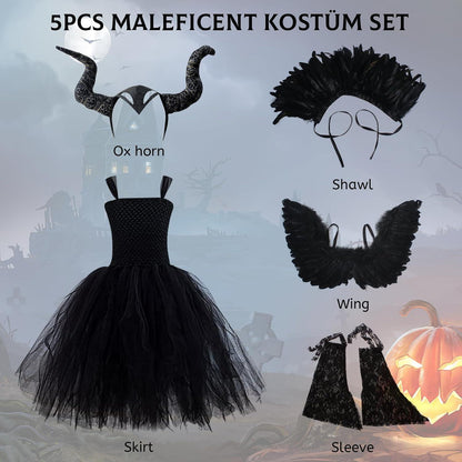 Maleficent Kostüm für Mädchen mit Flügeln und Hörnern