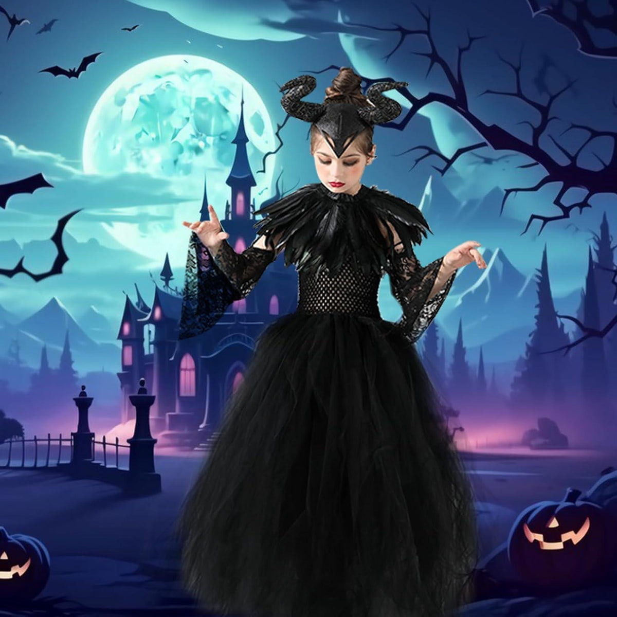 Maleficent Kostüm für Mädchen mit Flügeln und Hörnern