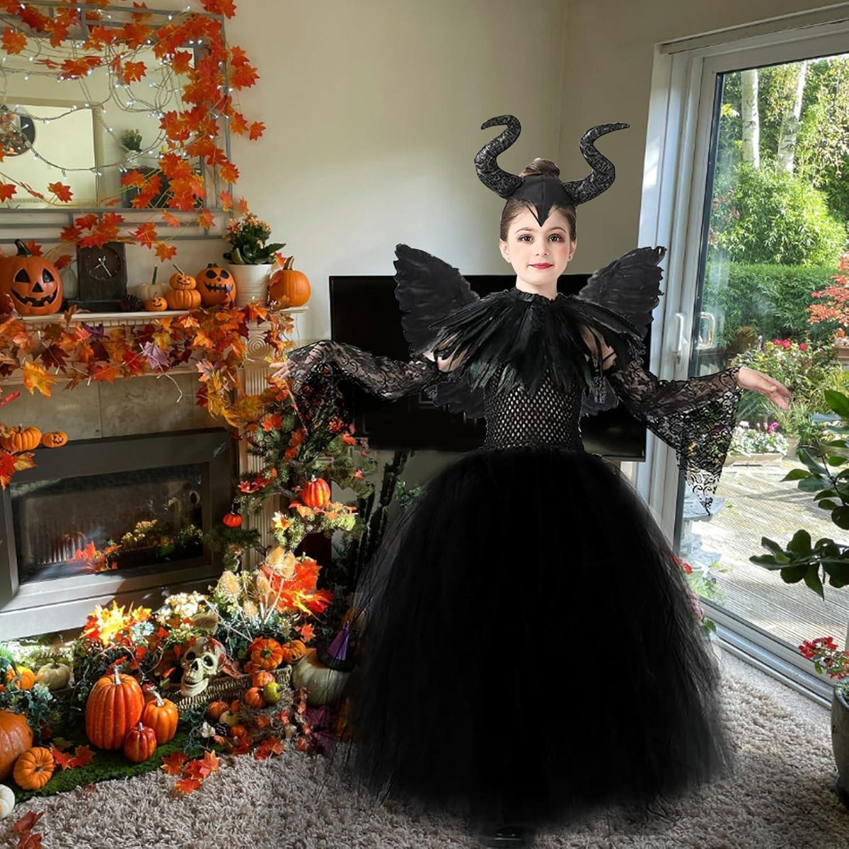 Kinder Maleficent Kostüm mit Hörnern, Flügeln und Umhang