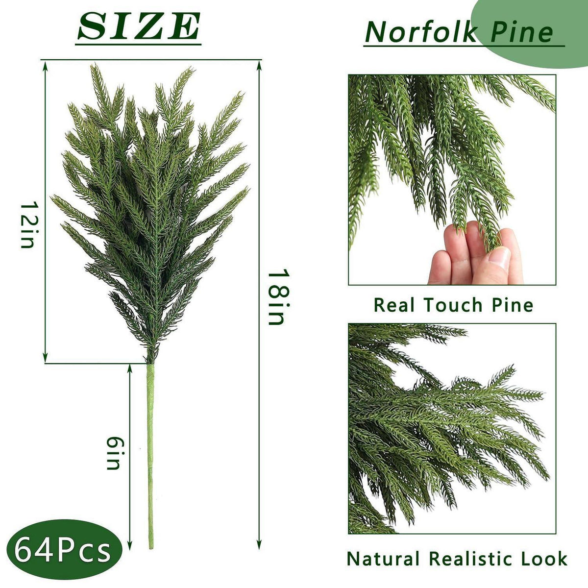 Künstliche Norfolk-Tannenzweige - 45cm - 64er Pack für Weihnachten
