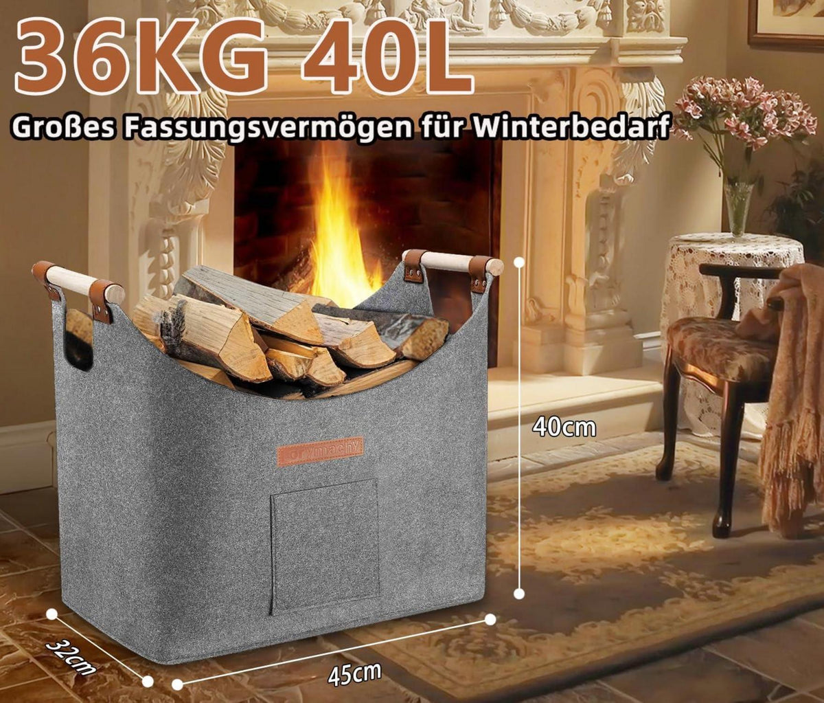 XL Holzkorb Kaminholz Filz Brennholz Feuerholzkorb Grau