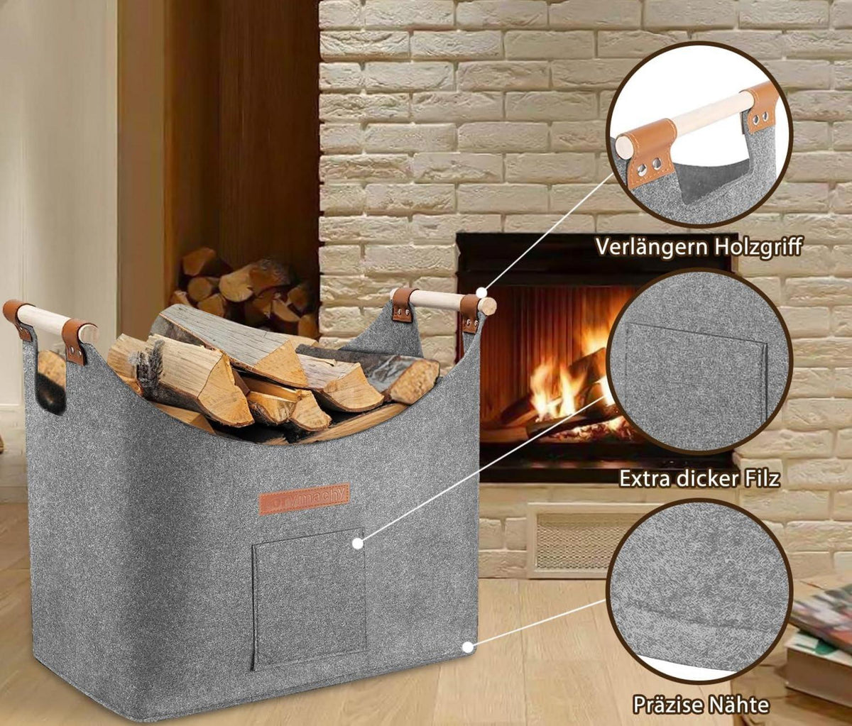 XL Holzkorb aus Filz für Kaminholz Grau 45x32x40 Feuerholzkorb Tragfähigkeit 36kg
