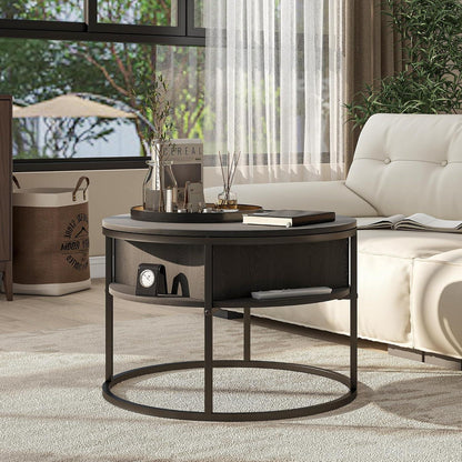Runder Couchtisch Schwarz Höhenverstellbar mit Stauraum Lift Top