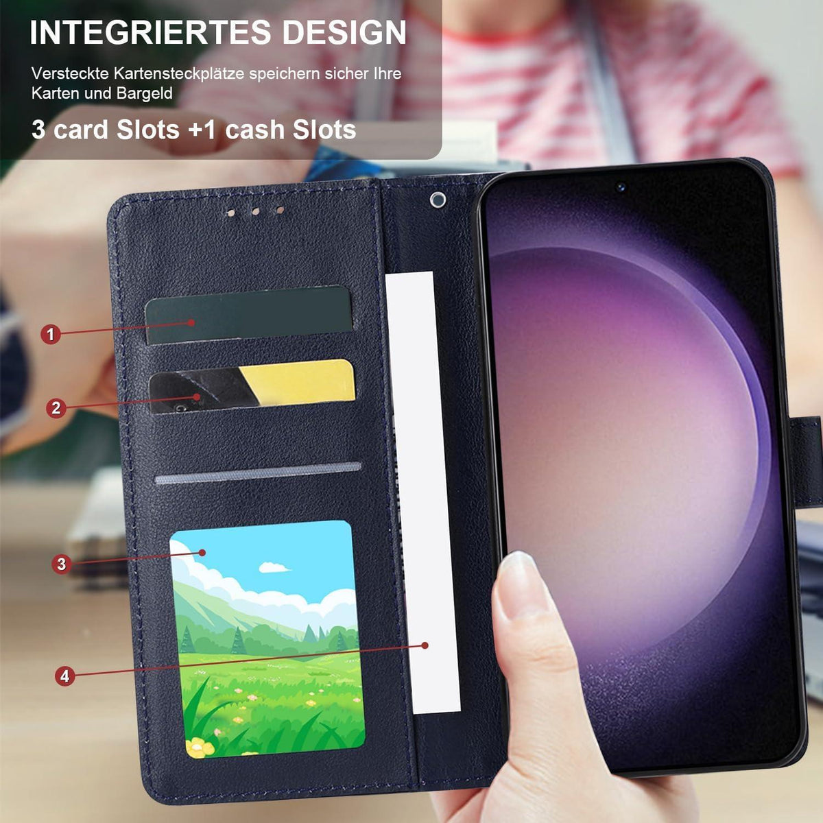 Klapphülle für Samsung Galaxy S23 5G mit Kartenfach und Ständer Blau in Lederoptik
