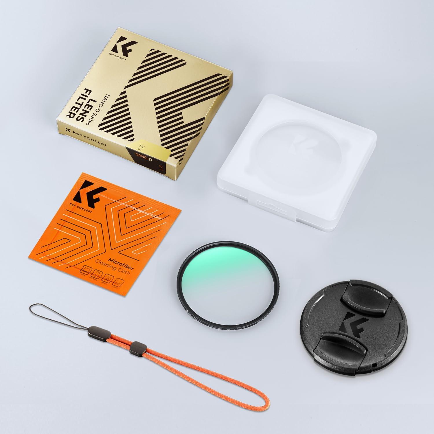 49mm K&F Concept Nano D UV Filter mit Objektivdeckel Reinigungstuch UV