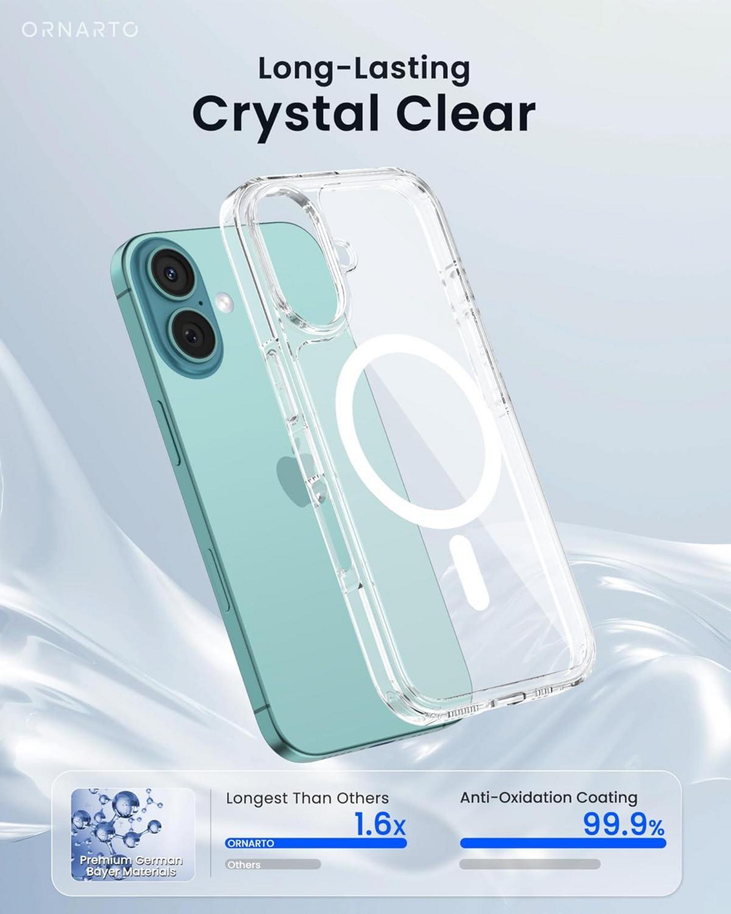 ORNARTO iPhone 16 Hülle MagSafe kompatibel [Verstärkte Magnetkraft] [Anti-Vergilbung] Hülle [DoppelAirBags]Transparent