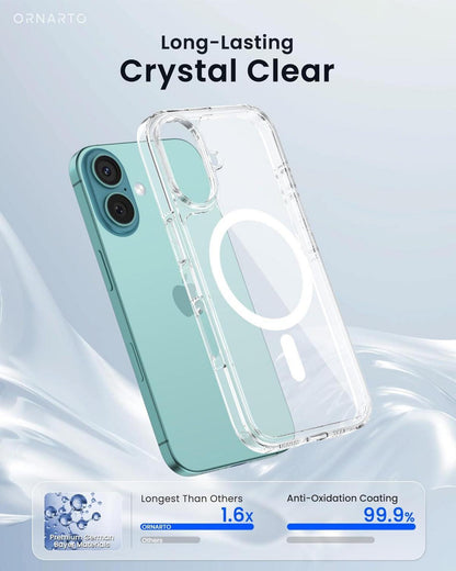 ORNARTO iPhone 16 Hülle MagSafe kompatibel [Verstärkte Magnetkraft] [Anti-Vergilbung] Hülle [DoppelAirBags]Transparent