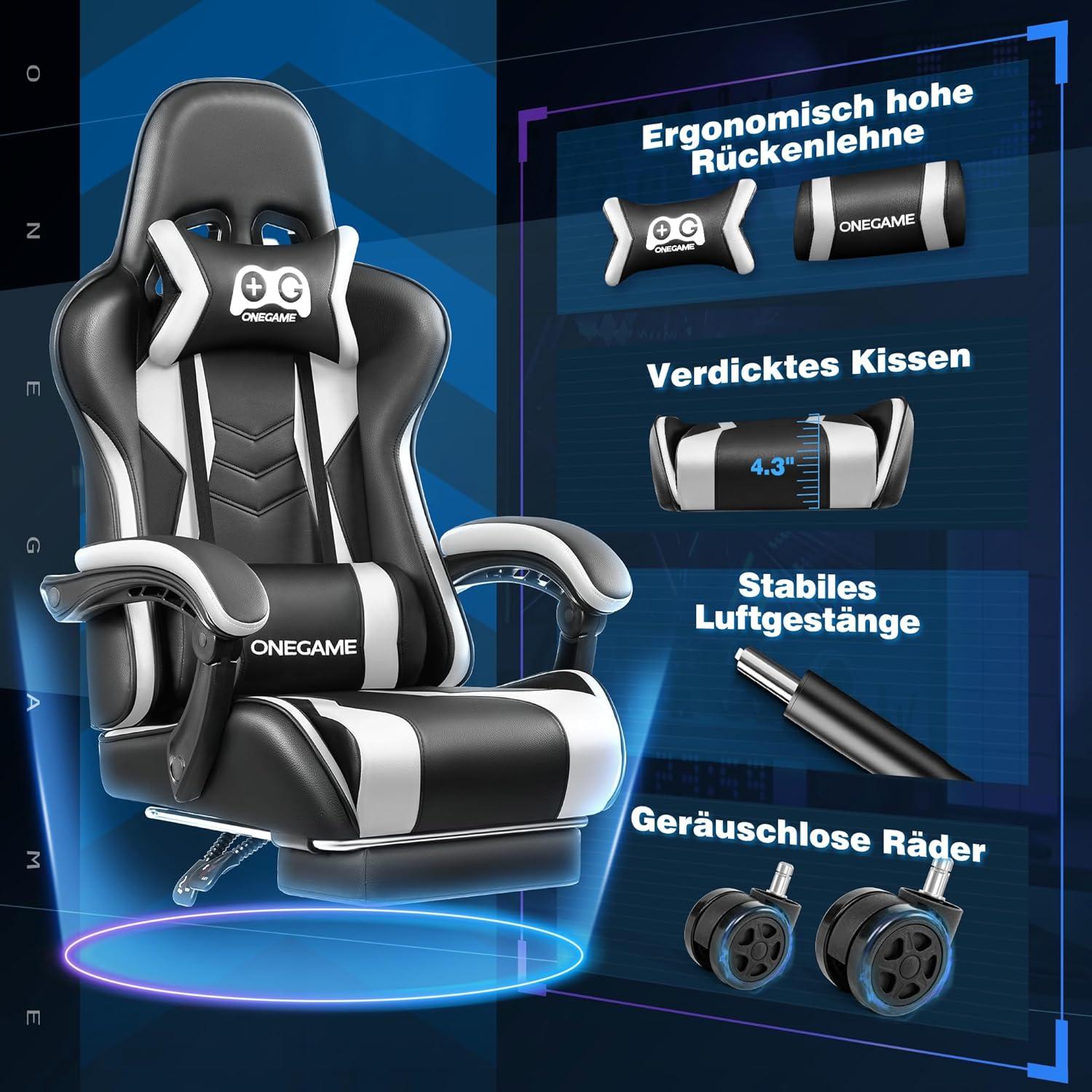 OneGame Gaming Stuhl mit Fußstütze und Lendenwirbelstütze PU-Leder