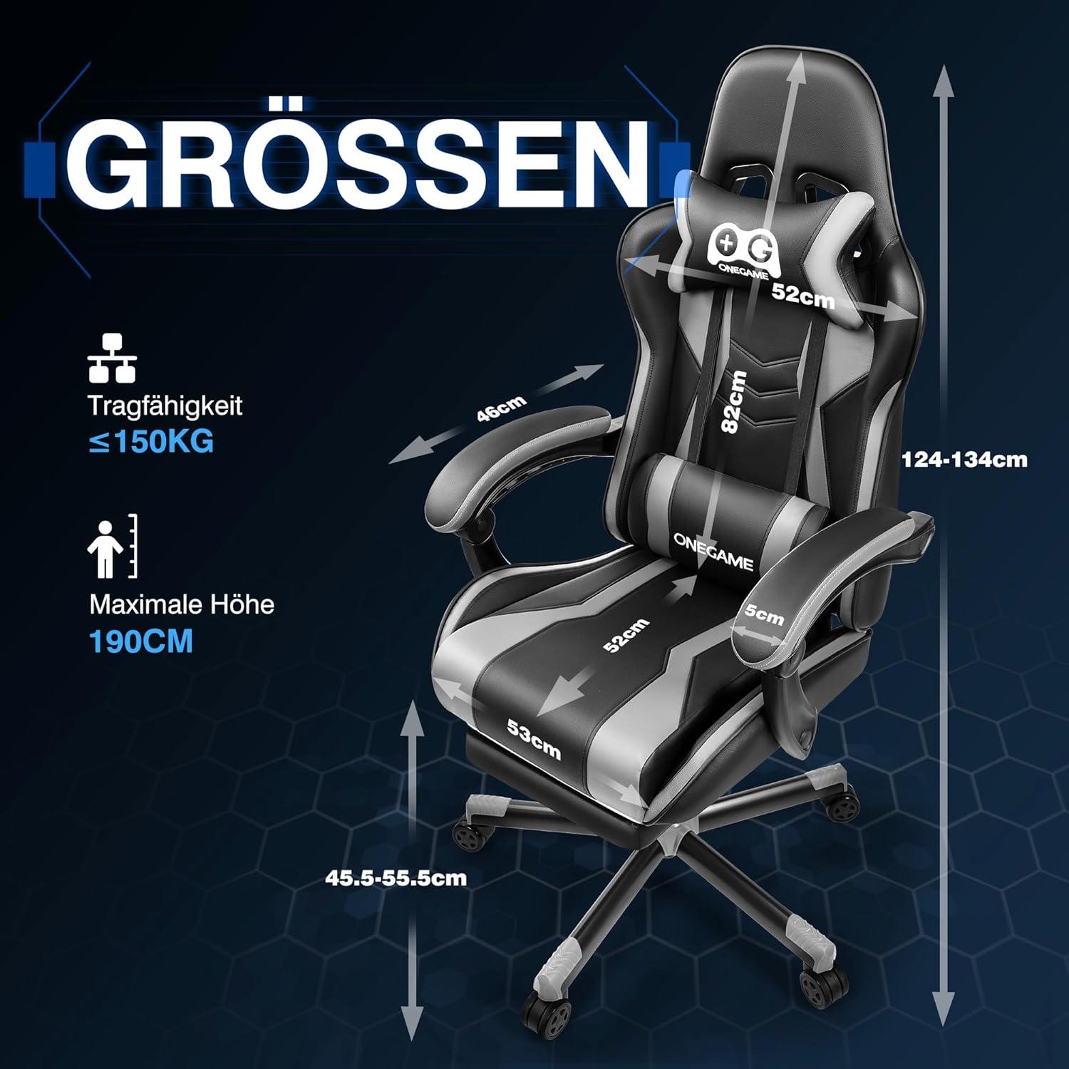 Ergonomischer Gaming-Stuhl mit Fußstütze und Lendenwirbelstütze