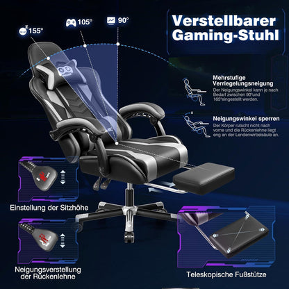 OneGame Gaming-Stuhl mit Fußstütze und Lendenwirbelstütze, höhenverstellbar in Schwarz-Grau