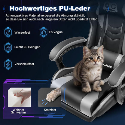 Ergonomischer Gaming-Stuhl mit Fußstütze, Lendenwirbelstütze, höhenverstellbar