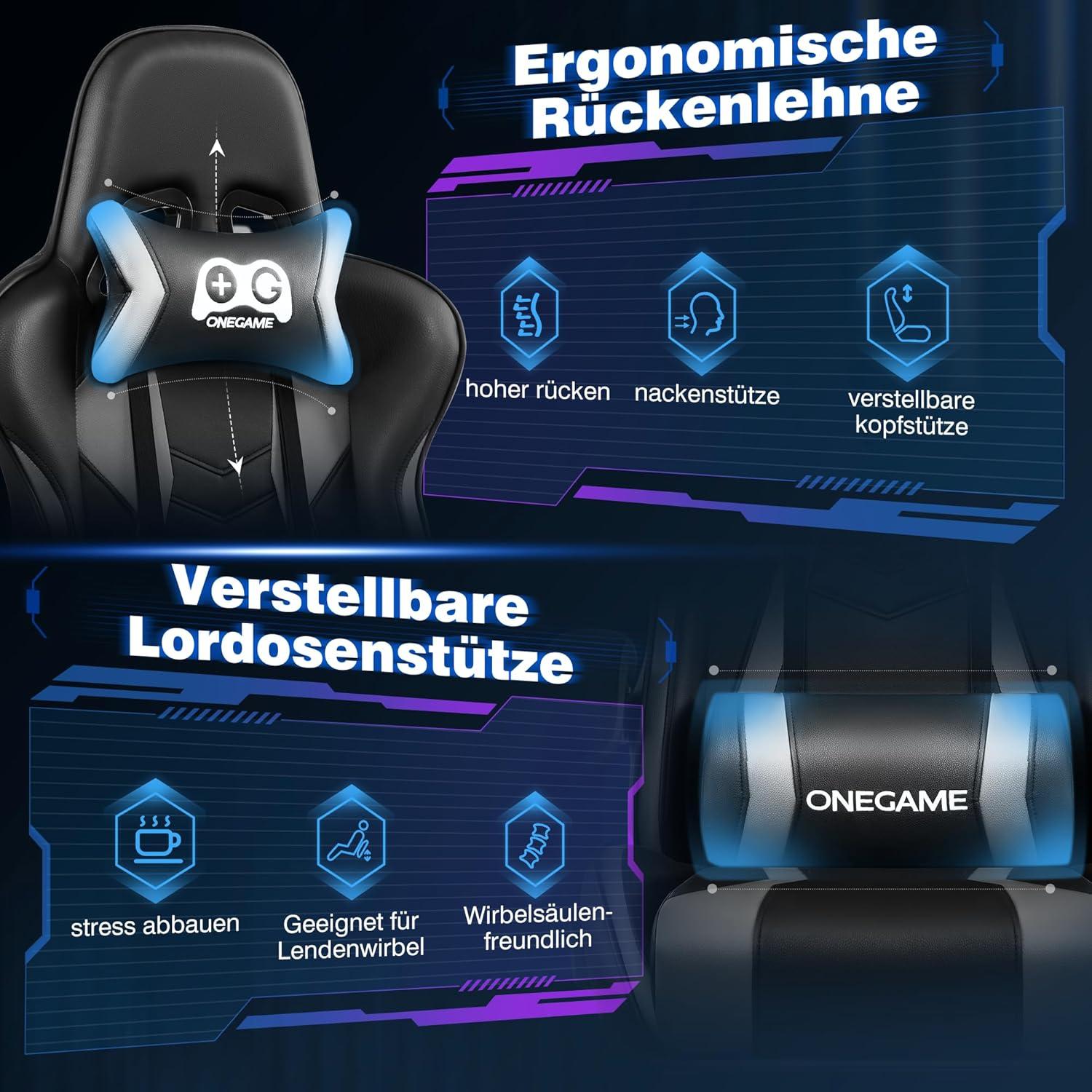 Ergonomischer Gaming-Stuhl mit Fußstütze, Lendenwirbelstütze, höhenverstellbar