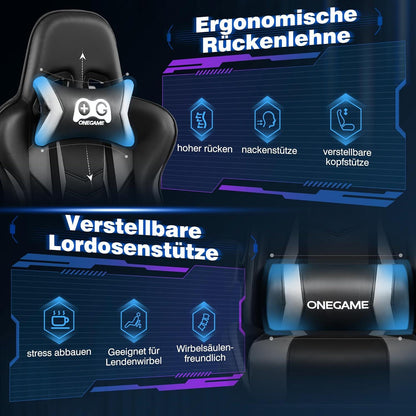 Ergonomischer Gaming-Stuhl mit Fußstütze, Lendenwirbelstütze, höhenverstellbar