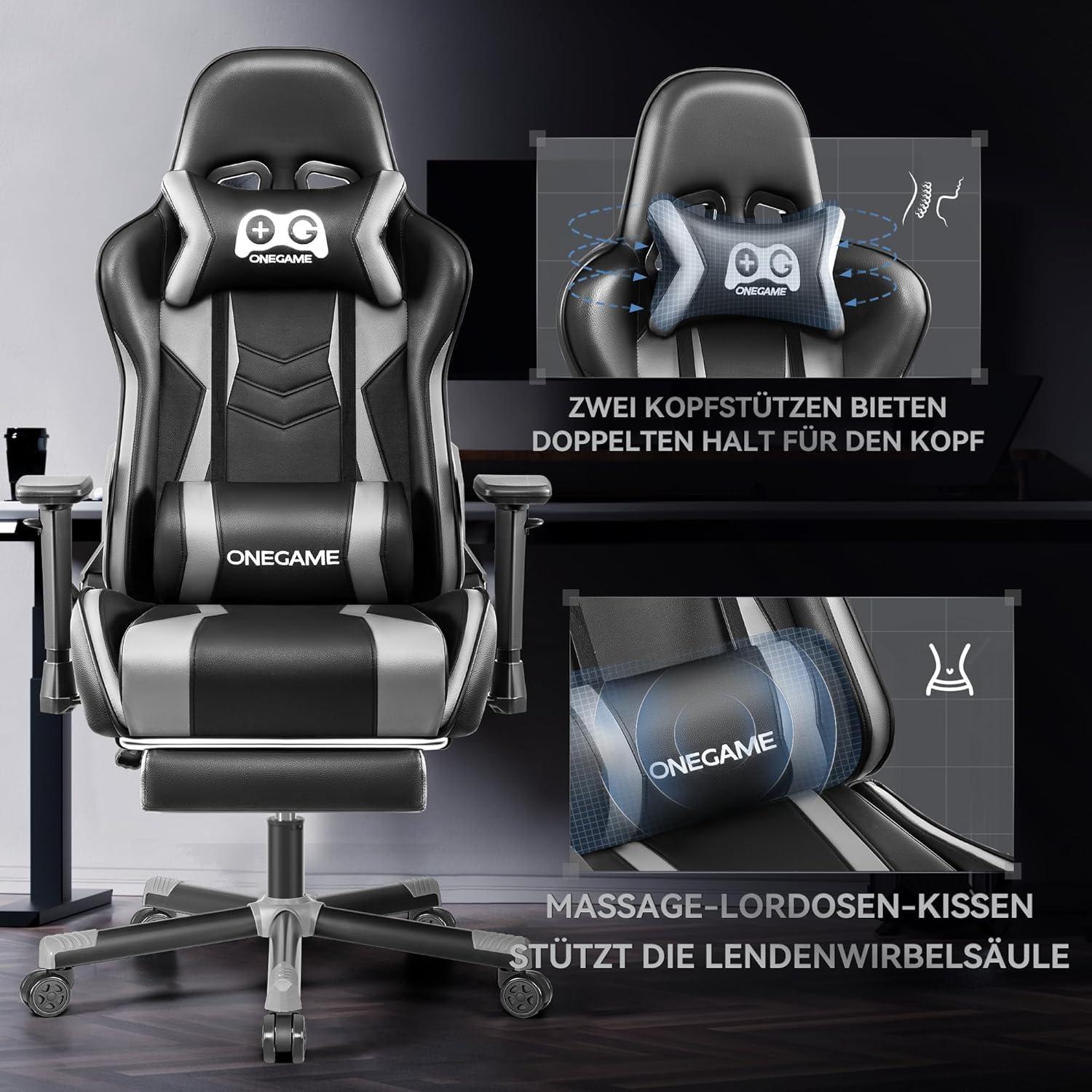 OneGame Gaming Stuhl mit Fußstütze und hoher Rückenlehne, ergonomischer Bürostuhl, höhenverstellbarer Stuhl