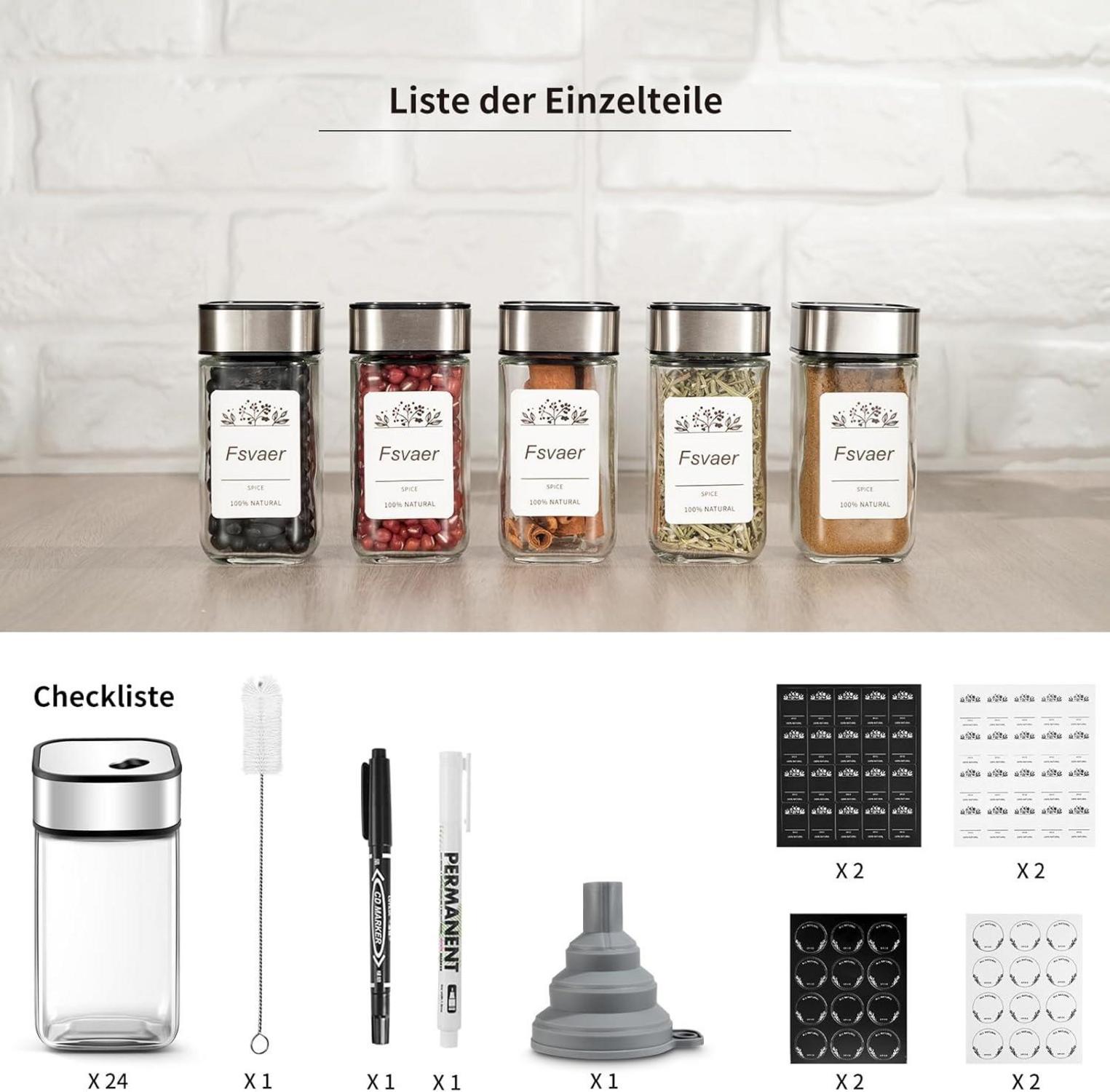 24 Gewürzgläser Set Edelstahl-Glas Drehdeckel 120ML