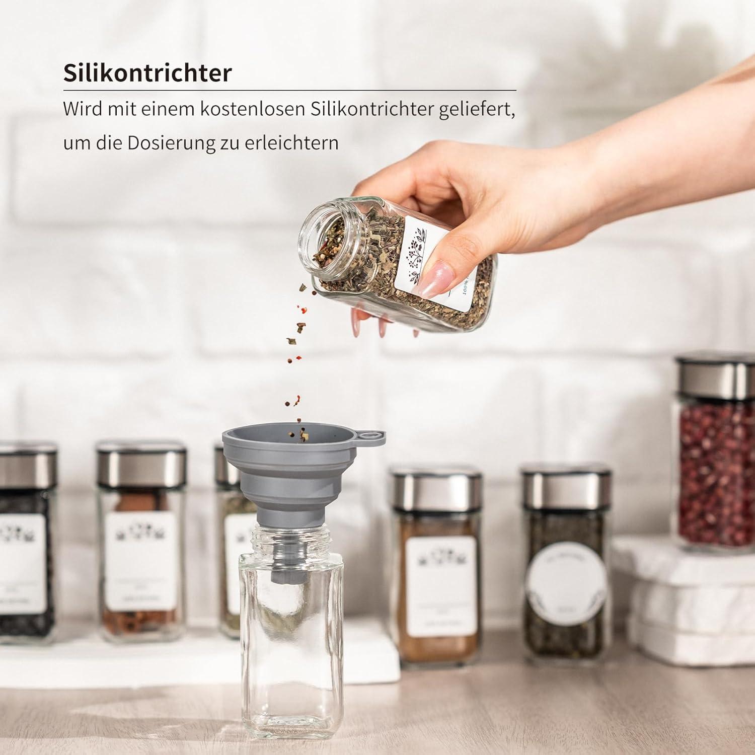 24er Gewürzgläser Set mit Streueinsatz und Etikett - 120ML, Edelstahl-Glas Organizer