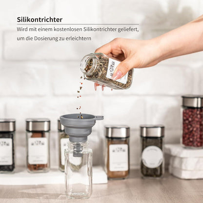 24er Gewürzgläser Set mit Streueinsatz und Etikett - 120ML, Edelstahl-Glas Organizer