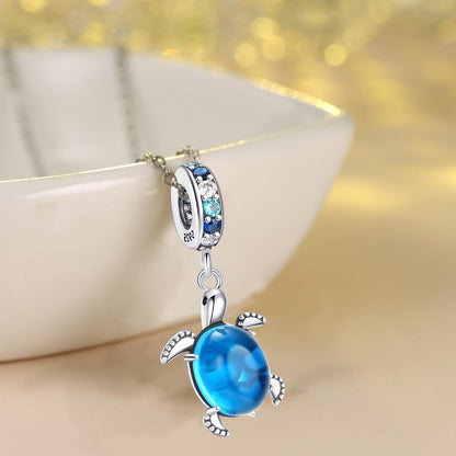925 Sterling Silber Schildkröte Charm Anhänger Blau Zirkonia