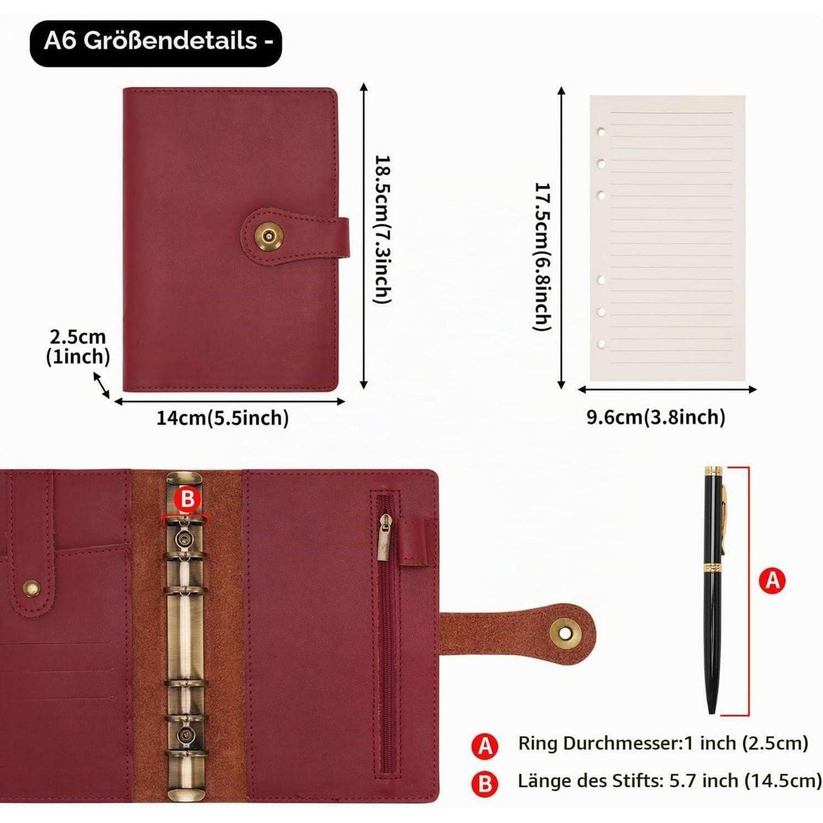 A6 Ringbuch Notizbuch mit Zubehör – Weinrot in Lederoptik