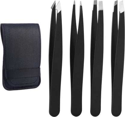 Professionelles 4-teiliges Edelstahl Pinzetten Set mit Lederetui