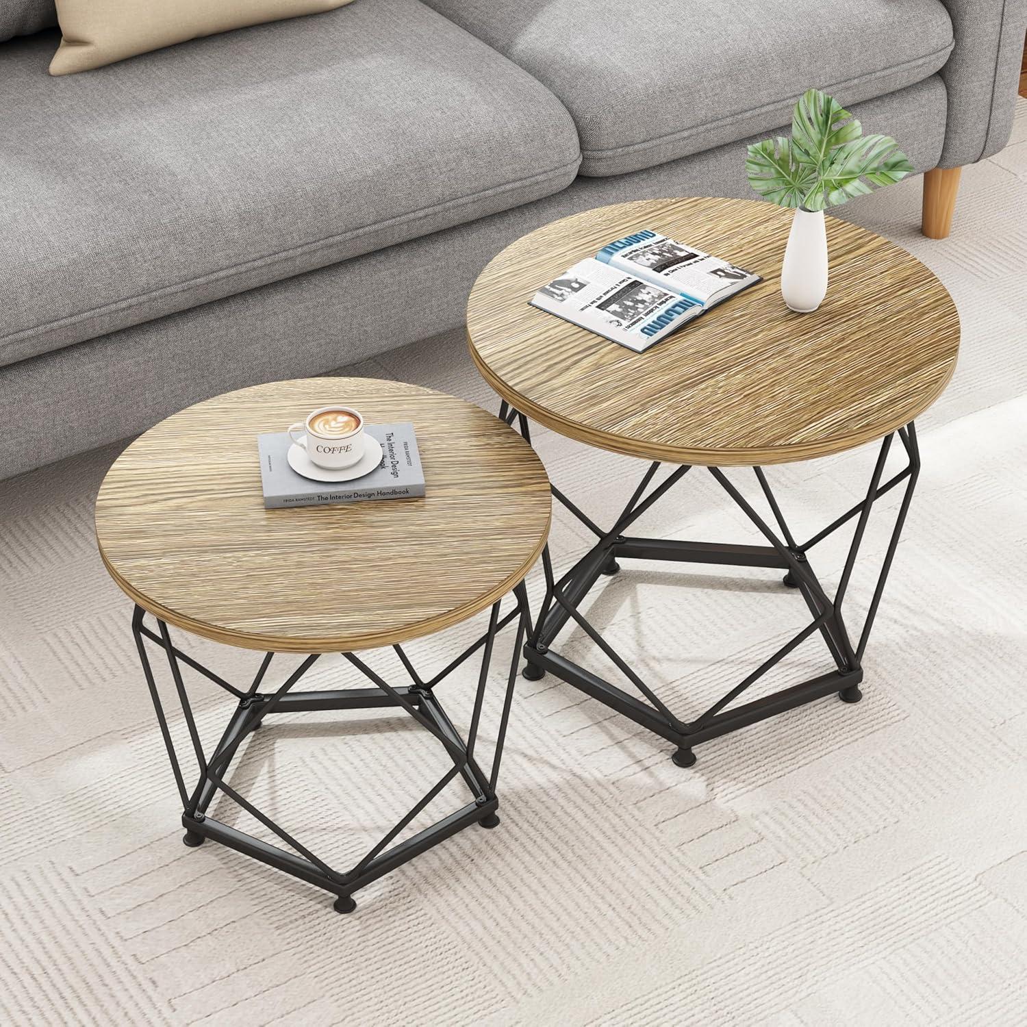 Moderne Runde Couchtische 2er Set Terrabraun & Schwarz Stahlgestell