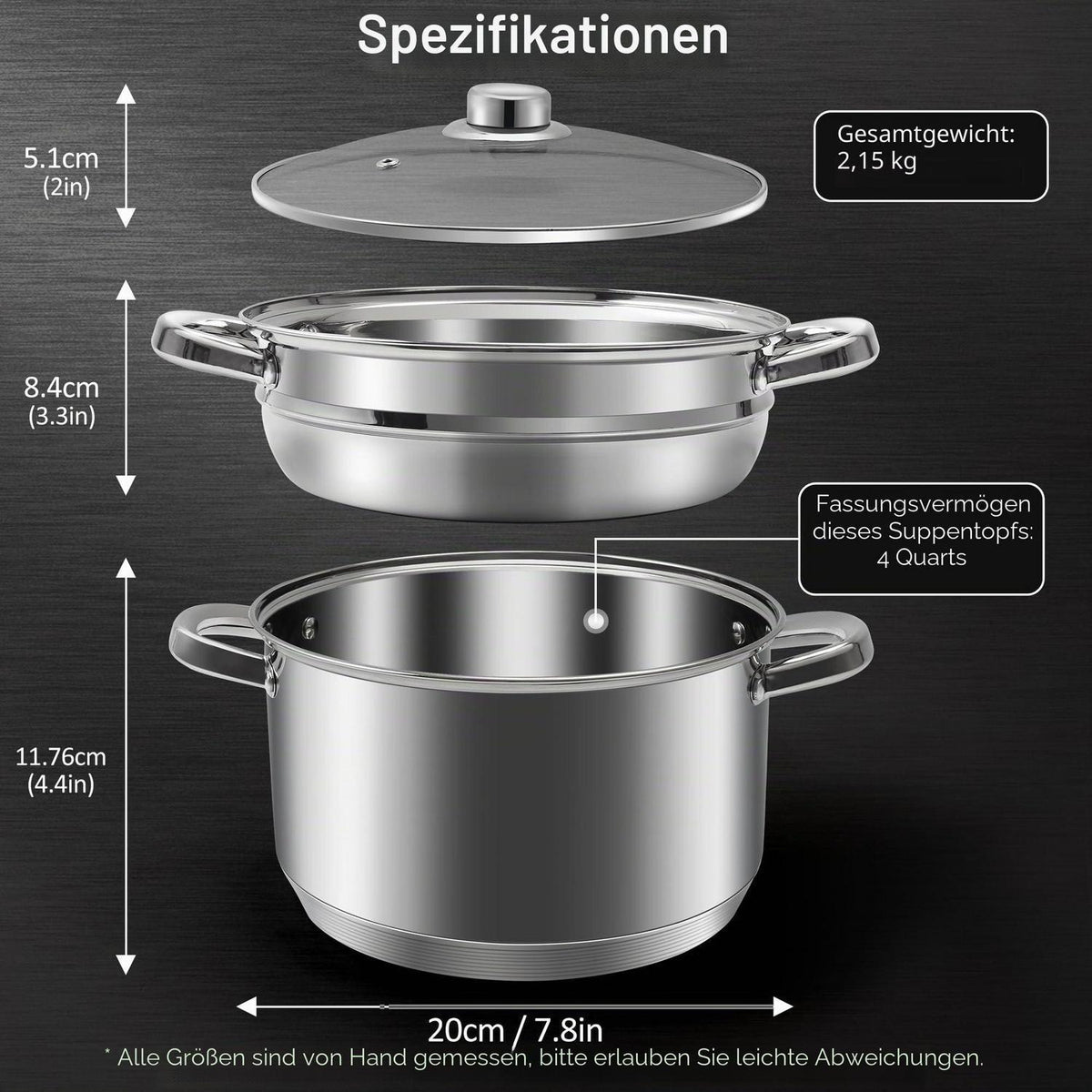 Edelstahl-Suppentopf-Set mit Dampfgarer & Glasdeckel 4L
