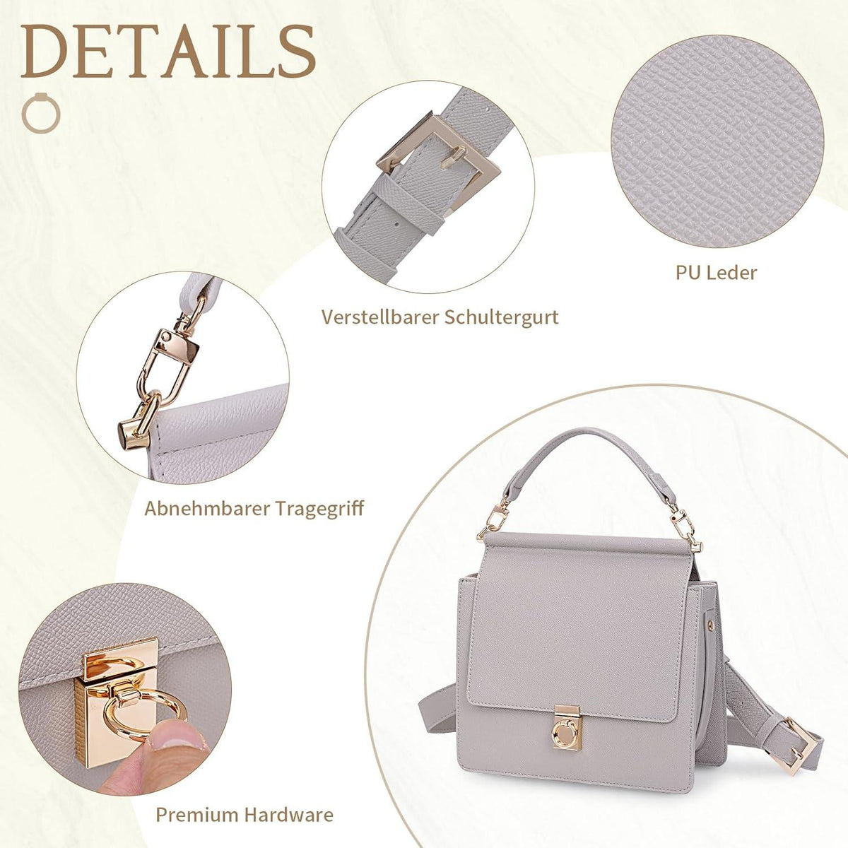 Damen Handtasche Umhängetasche Leinentasche mit Ringverschluss Schwarz