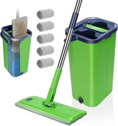 Wischmopp Set mit Eimer, Auswringfunktion, Edelstahl Griff, 5