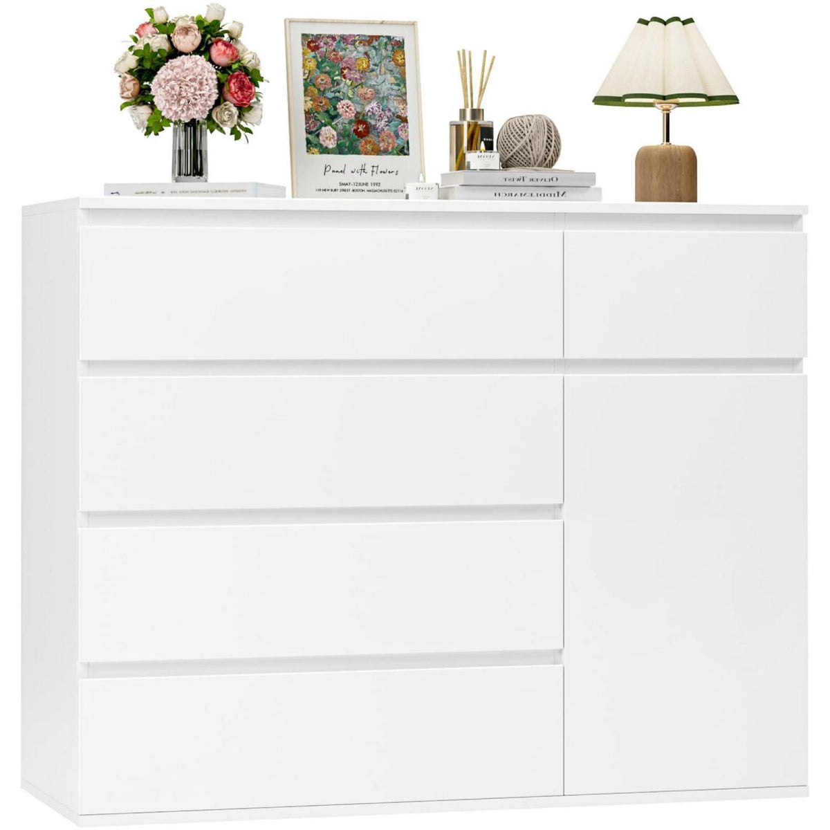 Weiße Kommode mit 5 Schubladen & Tür – 100cm Sideboard