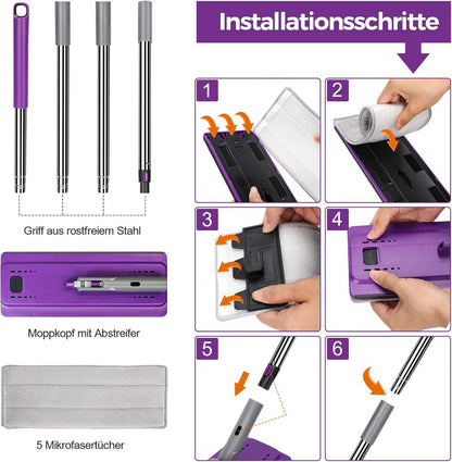 Wischmopp Set mit Eimer und 5 Mikrofaser Pads, Edelstahl