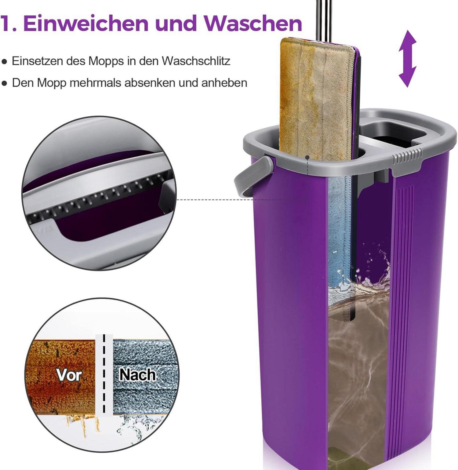 Wischmopp Set mit Eimer und 5 Mikrofaser Pads, Lila
