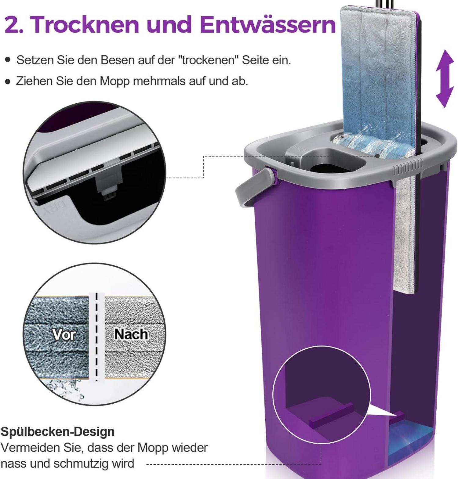 Mikrofaser Wischmopp Set mit Eimer und Edelstahl Griff, Lila