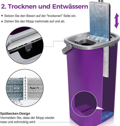 Mikrofaser Wischmopp Set mit Eimer und Edelstahl Griff, Lila