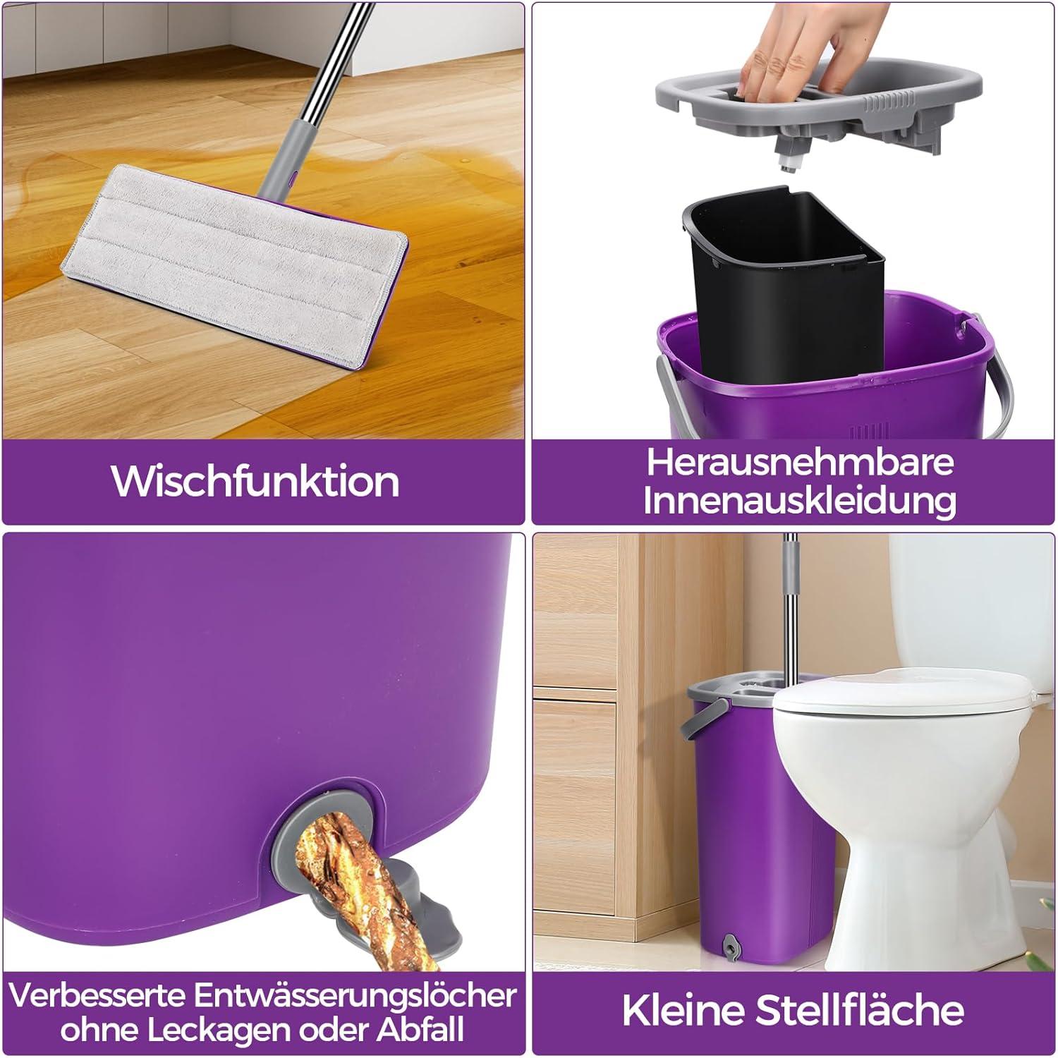 Flachmopp Set mit Eimer, 5 Mikrofaser Pads, Edelstahl Griff - Lila