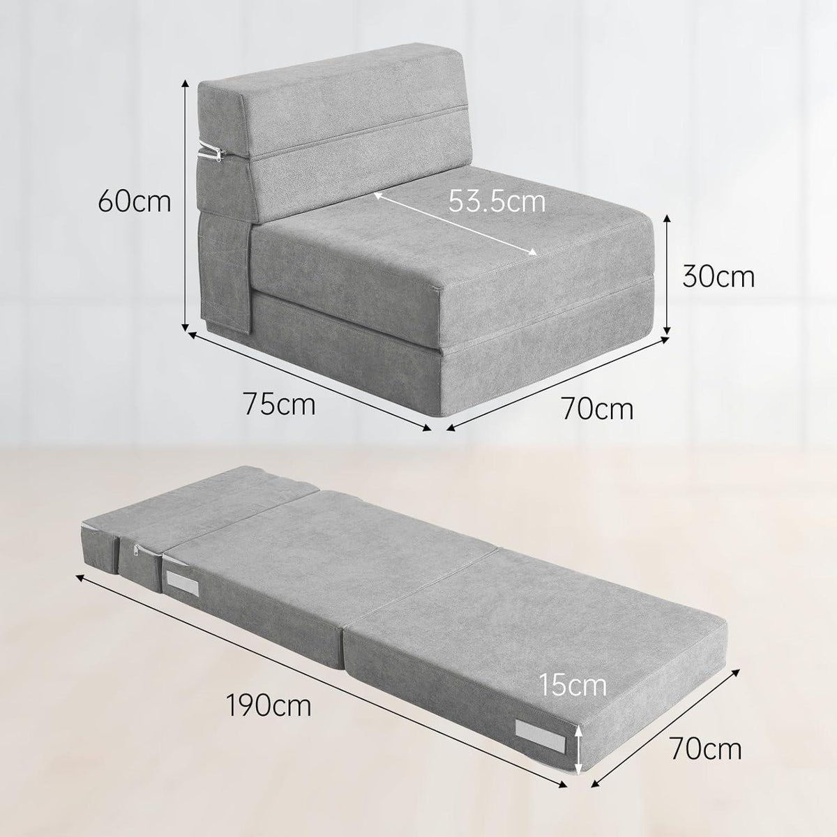 Schlafsessel 70x190 cm mit Memory Schaum & Kissen – Gästesofa