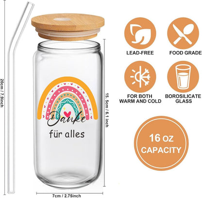 Danke Geschenk für Frauen - 16 oz Glasbecher mit Holzdeckel und Strohhalm