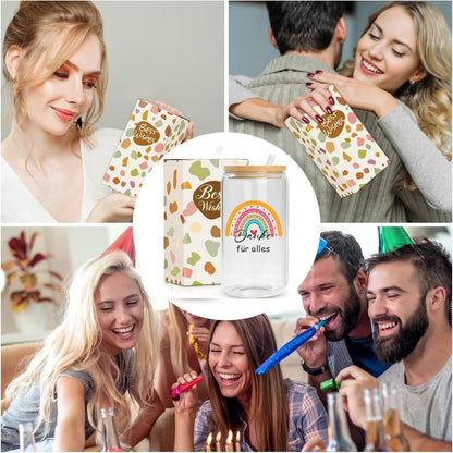 Dankeschön Geschenk für Frauen - Glasbecher mit Holzdeckel und Strohhalm