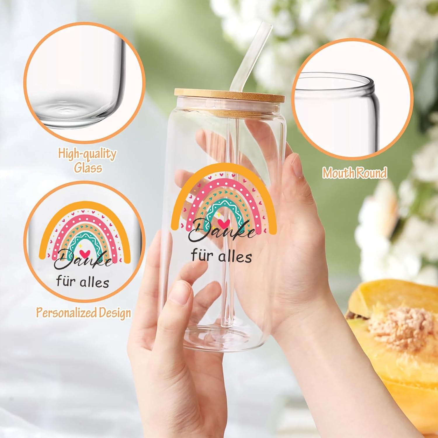 Dankeschön Geschenk für Frauen - Glasbecher mit Holzdeckel und Strohhalm