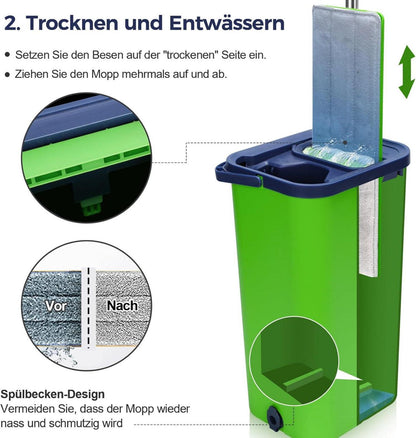2in1 Wischmopp Set mit Eimer & Auswringfunktion | 5X Mikrofaser-Pads | Edelstahl-Langgriff