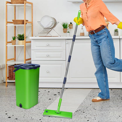 2in1 Wischmopp Set mit Eimer & Auswringfunktion | 5X Mikrofaser-Pads | Edelstahl-Langgriff