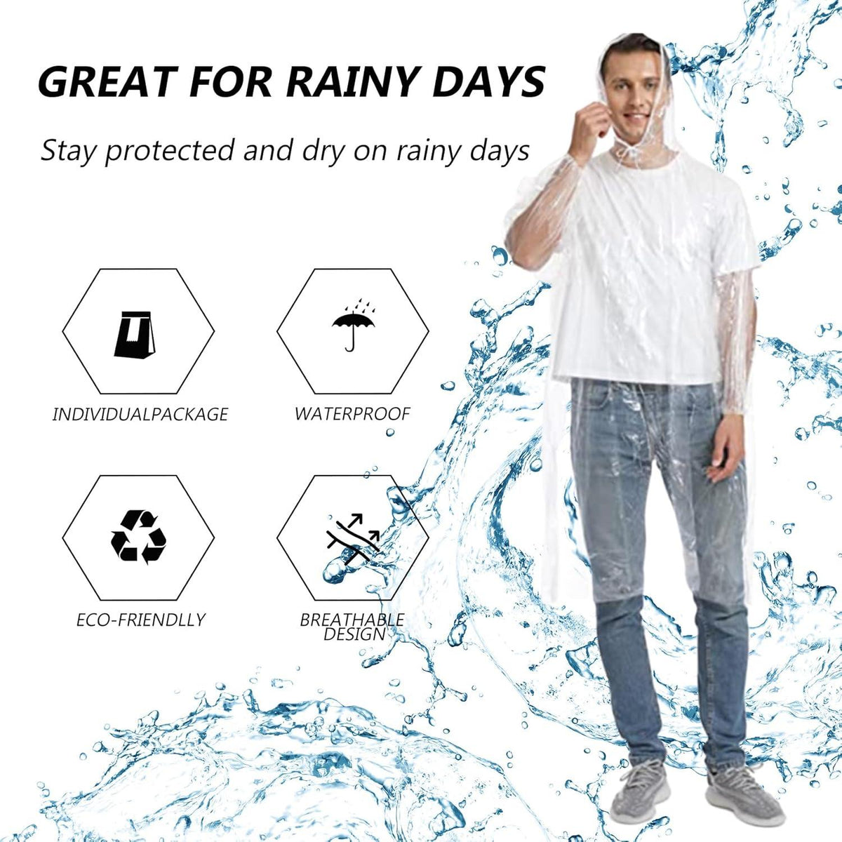 Regenponcho Einweg mit Kapuze für Festival Camping Wandern