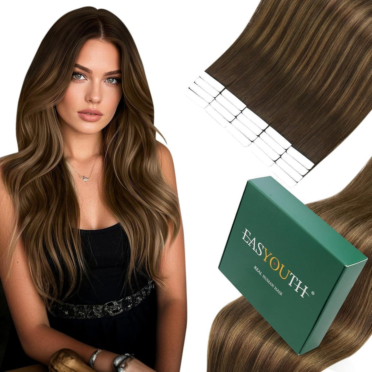 Echthaar Tape Extensions Balayage Braun Ombre 45cm