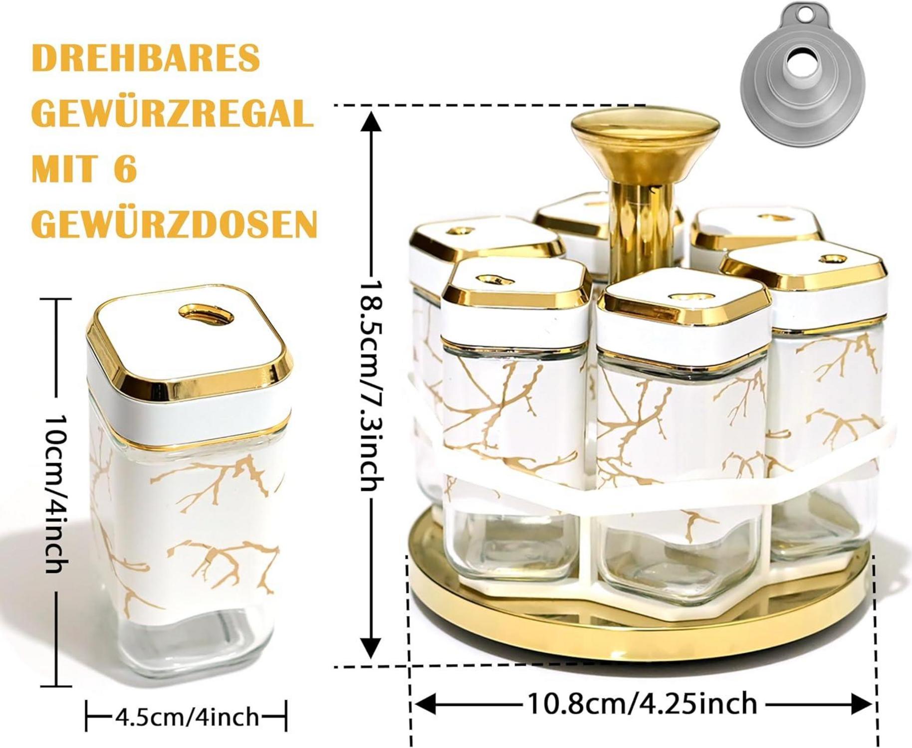 Marmorierter Gewürzregal mit 6x 120ml Gewürzgläser - 360° Drehbarer Gewürz Organizer