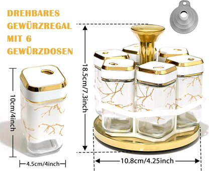 Marmorierter Gewürzregal mit 6x 120ml Gewürzgläser - 360° Drehbarer Gewürz Organizer