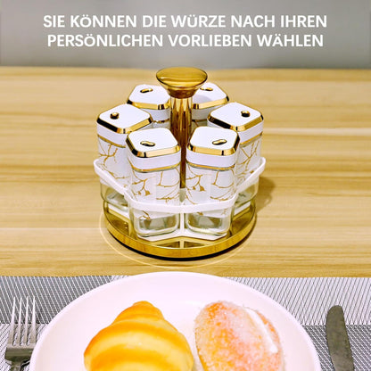 Gewürzregal Marmor mit 6 Gewürzgläsern 120ml drehbar - Edelstahl