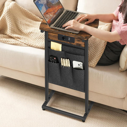 HOOBRO C-förmiger Beistelltisch mit Ladestation Vintagebraun/Schwarz